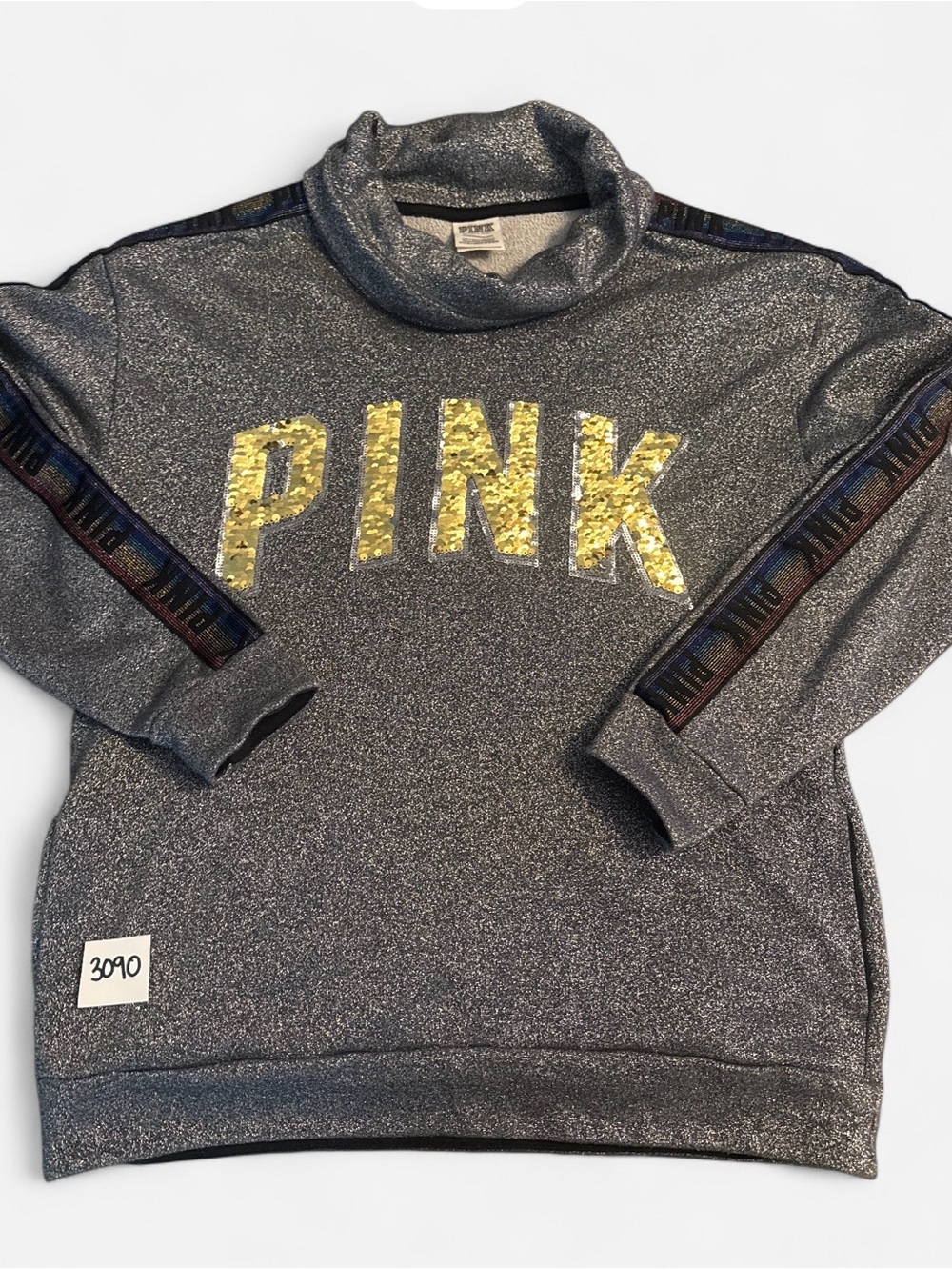 Victoria's Secret PINK Metallic Gray Sequin Logo Turtleneck Sweater